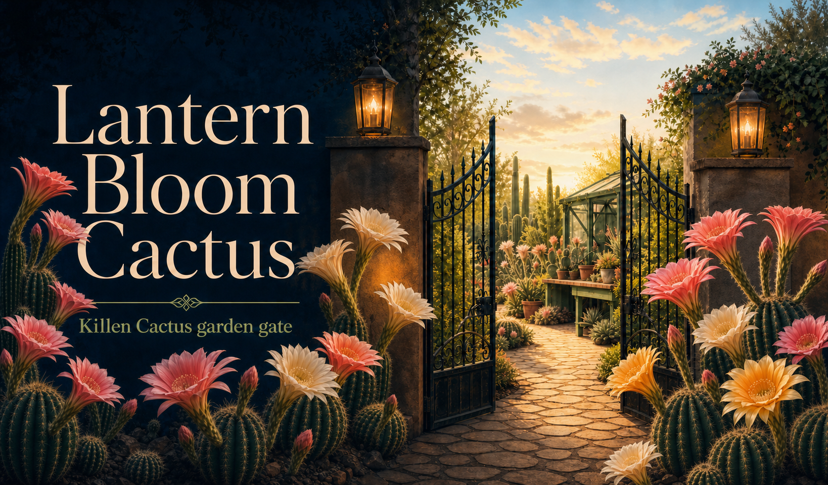 Lantern-lit garden gate opening into blooming Echinopsis and Trichocereus cactus beds