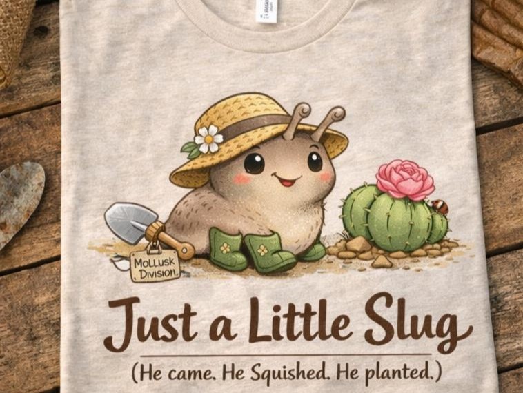 T-shirt with a smiling garden slug beside a flowering cactus and the words Just a Little Slug.